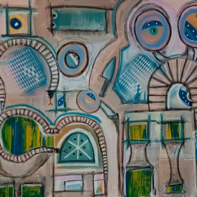 Snake City - Acryl + Ölstifte auf Leinwand 80 x 120 cm